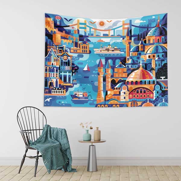 Renkli İstanbul İllüstrasyonu ve Şehir Silüeti Duvar Örtüsü Kumaş Baskı 11735