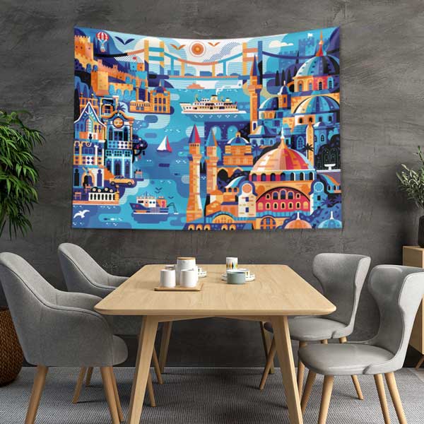 Renkli İstanbul İllüstrasyonu ve Şehir Silüeti Duvar Örtüsü Kumaş Baskı 11735