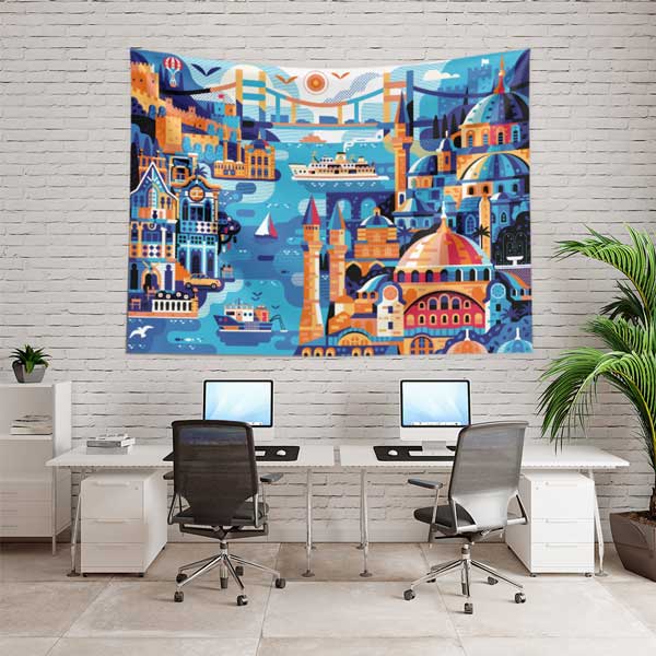 Renkli İstanbul İllüstrasyonu ve Şehir Silüeti Duvar Örtüsü Kumaş Baskı 11735