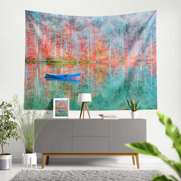 Sonbahar Göl Yansıması ve Mavi Kayık Manzaralı Duvar Örtüsü Kumaş Baskı 11755