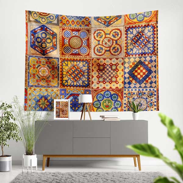 Geleneksel Türk Çini Motifli Geometrik Desenli Duvar Örtüsü Kumaş Baskı 11774