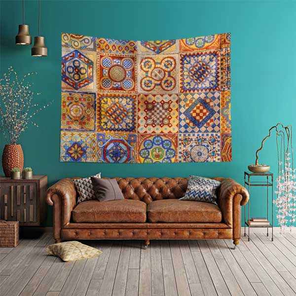 Geleneksel Türk Çini Motifli Geometrik Desenli Duvar Örtüsü Kumaş Baskı 11774