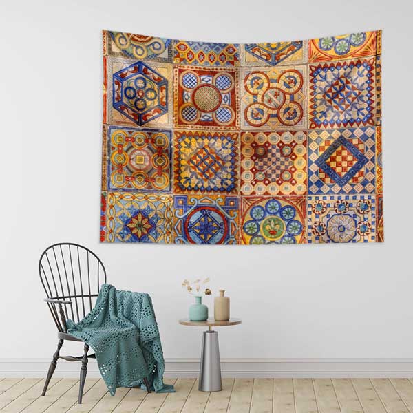 Geleneksel Türk Çini Motifli Geometrik Desenli Duvar Örtüsü Kumaş Baskı 11774