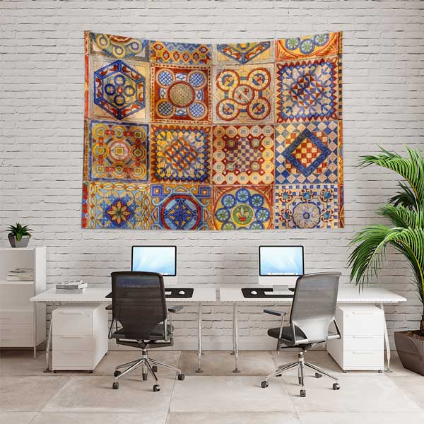 Geleneksel Türk Çini Motifli Geometrik Desenli Duvar Örtüsü Kumaş Baskı 11774