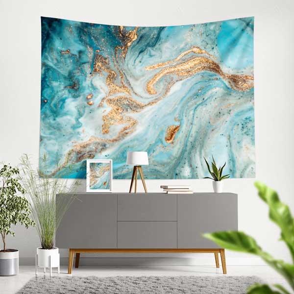 Turkuaz Altın Dokulu Ebru Desenli Duvar Örtüsü Kumaş Baskı 11791