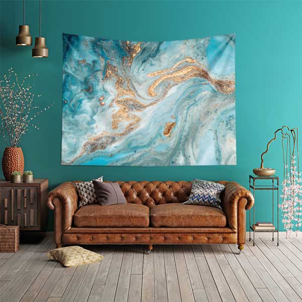 Turkuaz Altın Dokulu Ebru Desenli Duvar Örtüsü Kumaş Baskı 11791