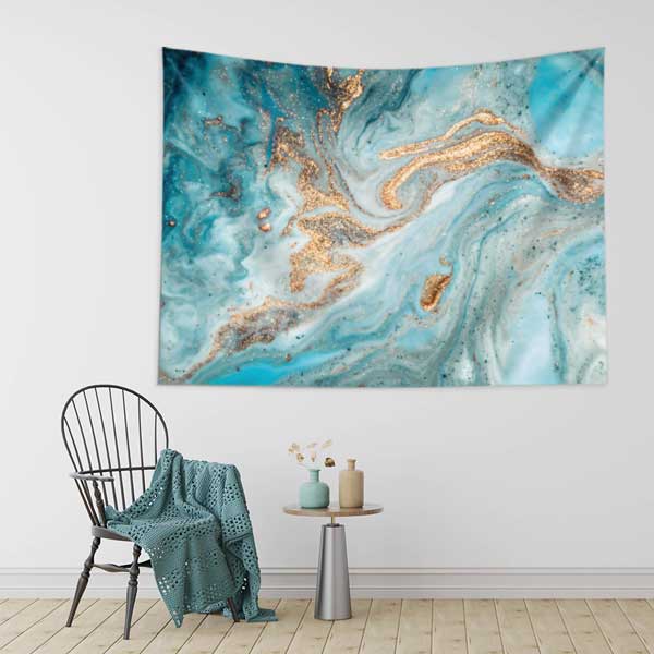 Turkuaz Altın Dokulu Ebru Desenli Duvar Örtüsü Kumaş Baskı 11791