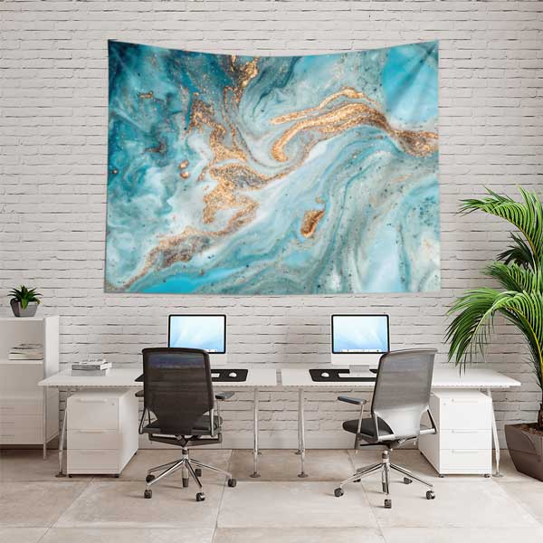 Turkuaz Altın Dokulu Ebru Desenli Duvar Örtüsü Kumaş Baskı 11791