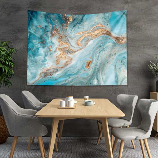 Turkuaz Altın Dokulu Ebru Desenli Duvar Örtüsü Kumaş Baskı 11791