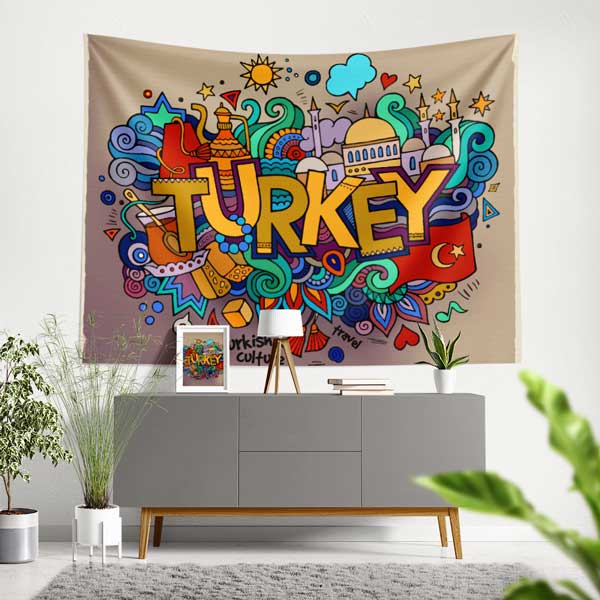 Renkli Türkiye Temalı Pop Art İllüstrasyon Duvar Örtüsü Kumaş Baskı 11801