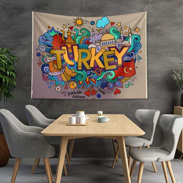 Renkli Türkiye Temalı Pop Art İllüstrasyon Duvar Örtüsü Kumaş Baskı 11801