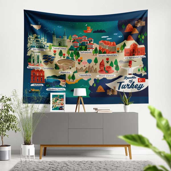 Türkiye Haritası İllüstrasyonlu Kültür ve Gezi Temalı Duvar Örtüsü Kumaş Baskı 11802