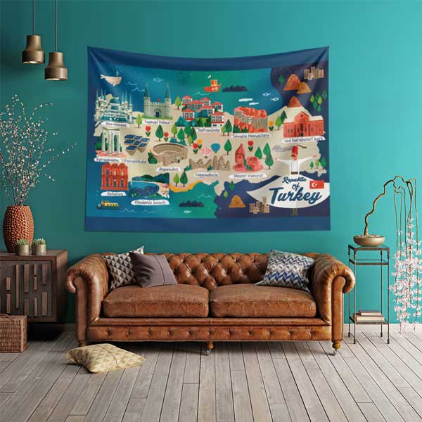 Türkiye Haritası İllüstrasyonlu Kültür ve Gezi Temalı Duvar Örtüsü Kumaş Baskı 11802