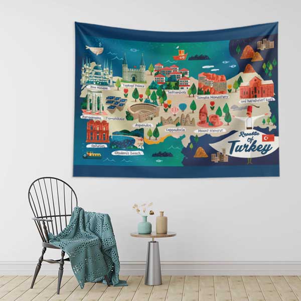 Türkiye Haritası İllüstrasyonlu Kültür ve Gezi Temalı Duvar Örtüsü Kumaş Baskı 11802
