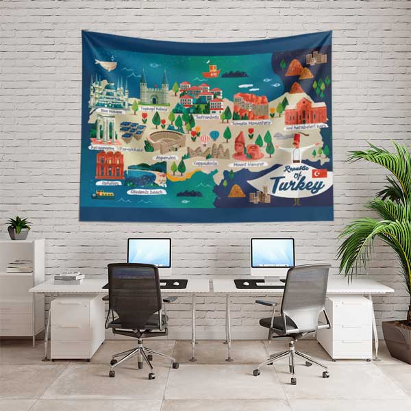 Türkiye Haritası İllüstrasyonlu Kültür ve Gezi Temalı Duvar Örtüsü Kumaş Baskı 11802