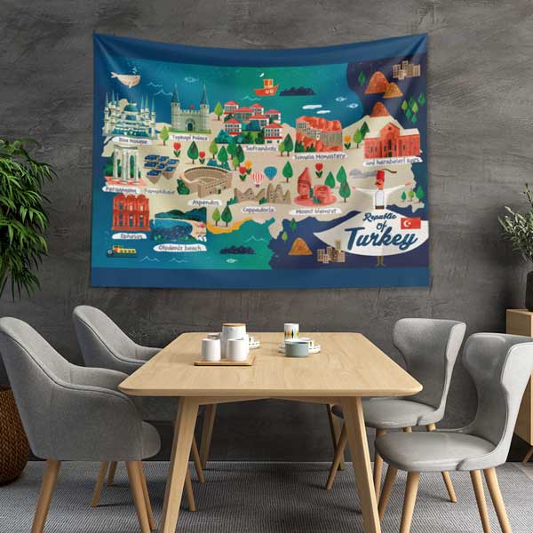 Türkiye Haritası İllüstrasyonlu Kültür ve Gezi Temalı Duvar Örtüsü Kumaş Baskı 11802