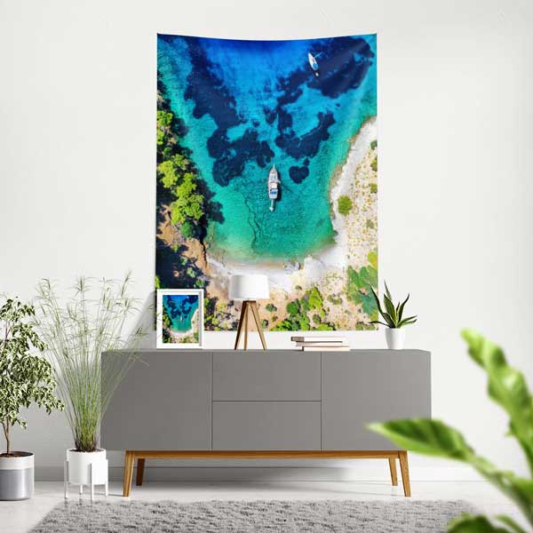 Turkuaz Koy ve Tekne Manzaralı Duvar Örtüsü 11816