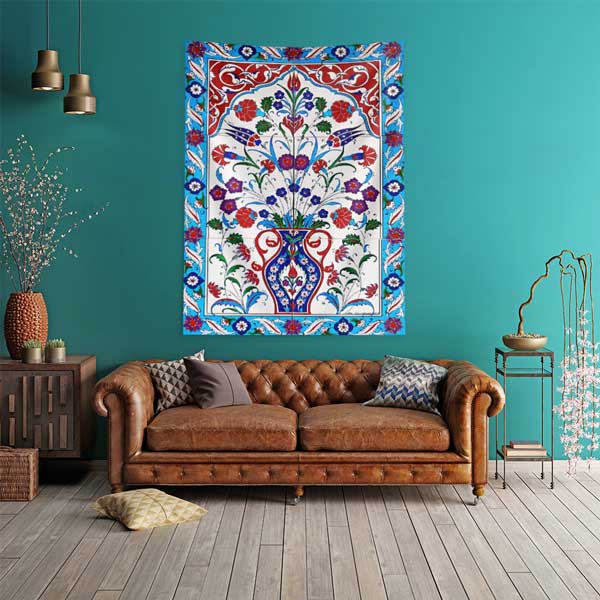 İznik Çini Motifli Vazolu Çiçek Desenli Duvar Örtüsü Kumaş Baskı 11824