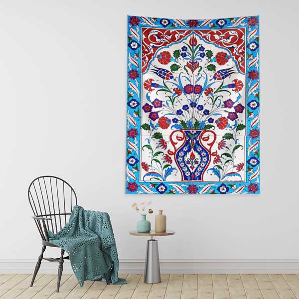 İznik Çini Motifli Vazolu Çiçek Desenli Duvar Örtüsü Kumaş Baskı 11824