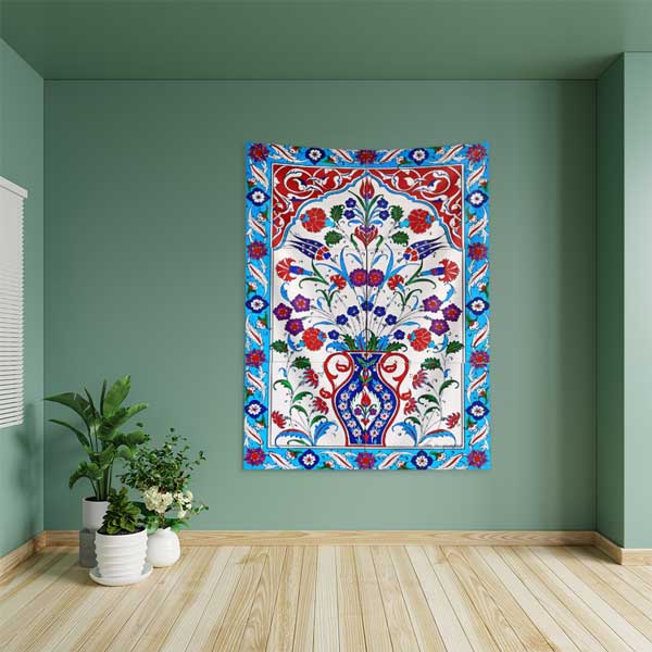 İznik Çini Motifli Vazolu Çiçek Desenli Duvar Örtüsü Kumaş Baskı 11824