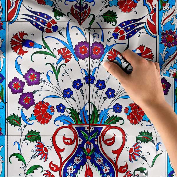 İznik Çini Motifli Vazolu Çiçek Desenli Duvar Örtüsü Kumaş Baskı 11824