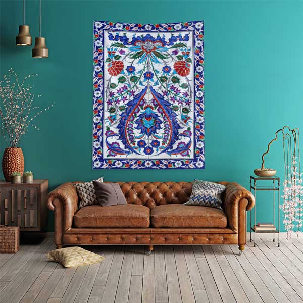 İznik Çini Motifli Simetrik Çiçek Desenli Duvar Örtüsü Kumaş Baskı 11825