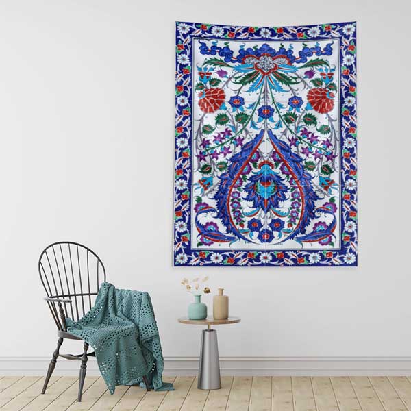 İznik Çini Motifli Simetrik Çiçek Desenli Duvar Örtüsü Kumaş Baskı 11825