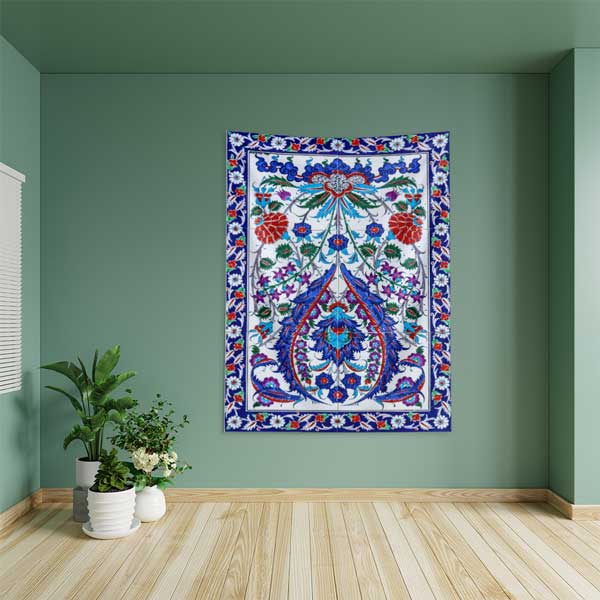 İznik Çini Motifli Simetrik Çiçek Desenli Duvar Örtüsü Kumaş Baskı 11825