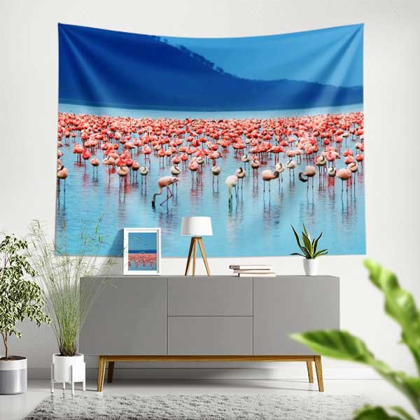 tapestry-wall-decor-14268-00 Afrika Flamingo Sürüsü Göl Manzarası Duvar Örtüsü Kumaş Baskı 14268
