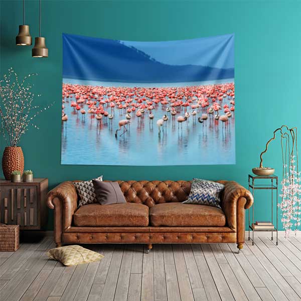 Afrika Flamingo Sürüsü Göl Manzarası Duvar Örtüsü Kumaş Baskı 14268