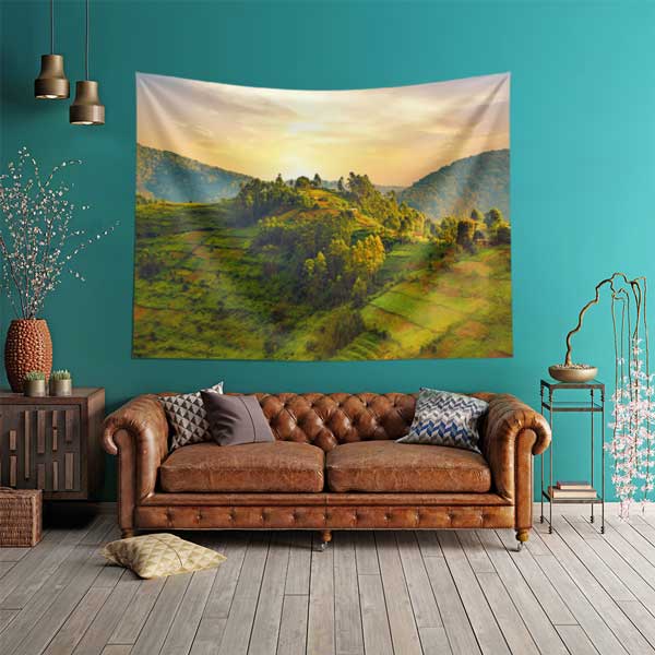 tapestry-wall-decor-14273-01 Afrika Yeşil Tepeler ve Vadi Manzarası Duvar Örtüsü Kumaş Baskı 14273
