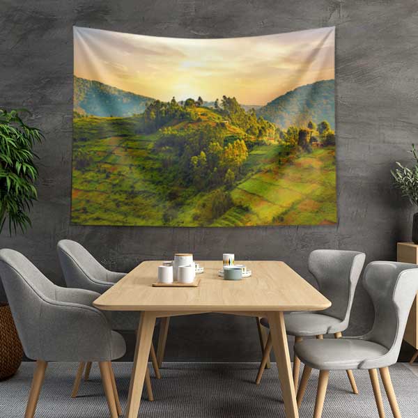 tapestry-wall-decor-14273-03 Afrika Yeşil Tepeler ve Vadi Manzarası Duvar Örtüsü Kumaş Baskı 14273