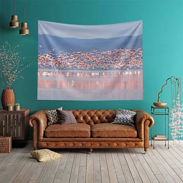 Afrika Flamingo Sürüsü Göl Manzarası Duvar Örtüsü Kumaş Baskı 14282