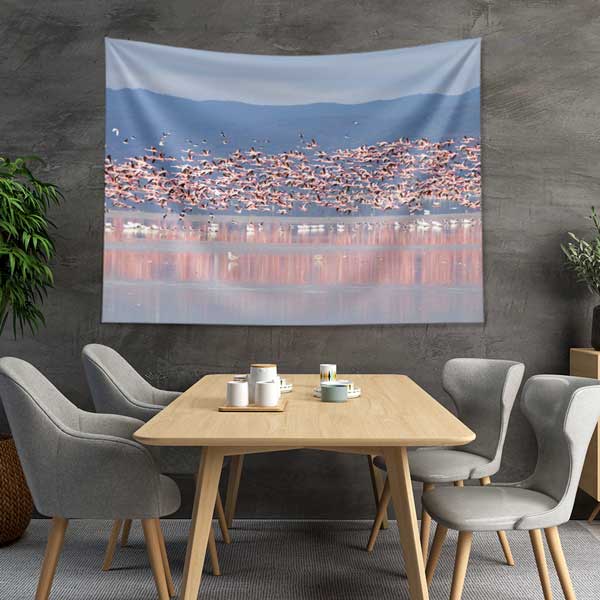 Afrika Flamingo Sürüsü Göl Manzarası Duvar Örtüsü Kumaş Baskı 14282