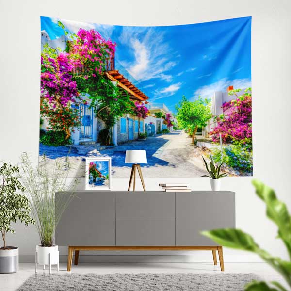 Begonvilli Akdeniz Sokağı Yaz Manzarası Duvar Örtüsü 11695