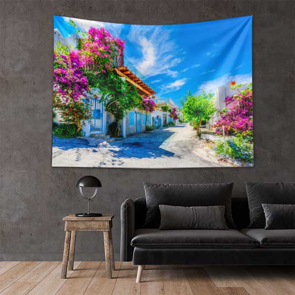 tapestry-wall-decoration-11695-01 Begonvilli Akdeniz Sokağı Yaz Manzarası Duvar Örtüsü 11695