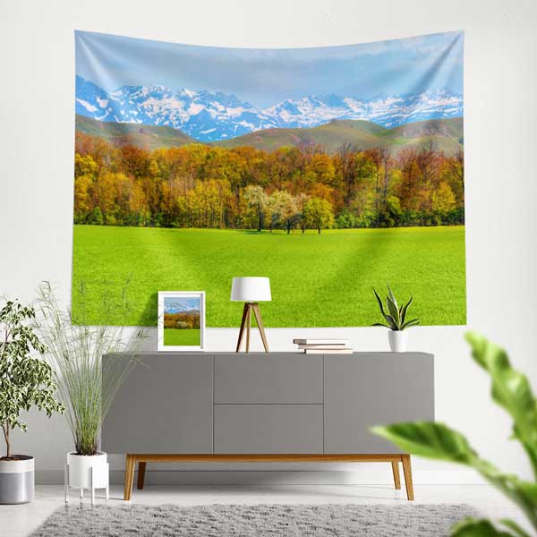 Karlı Dağlar ve Yeşil Ova Manzarası Duvar Örtüsü 11709