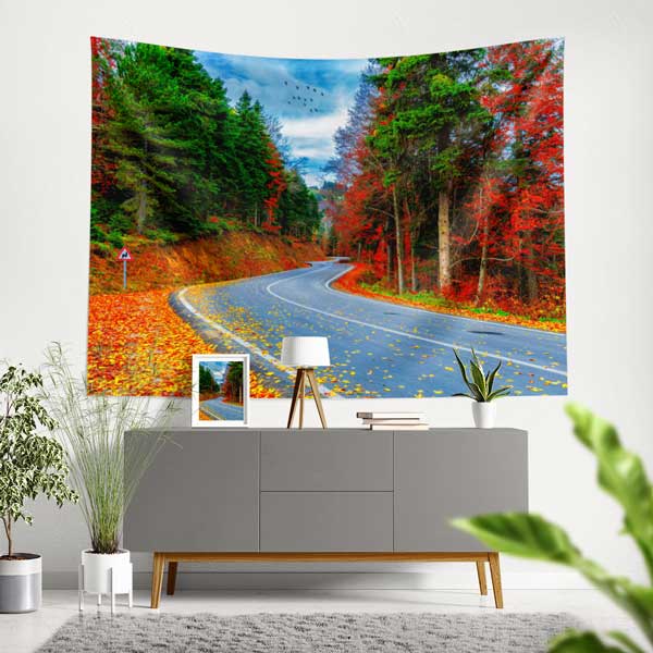 Sonbahar Orman Yolu ve Kızıl Yapraklar Duvar Örtüsü Kumaş Baskı 11731