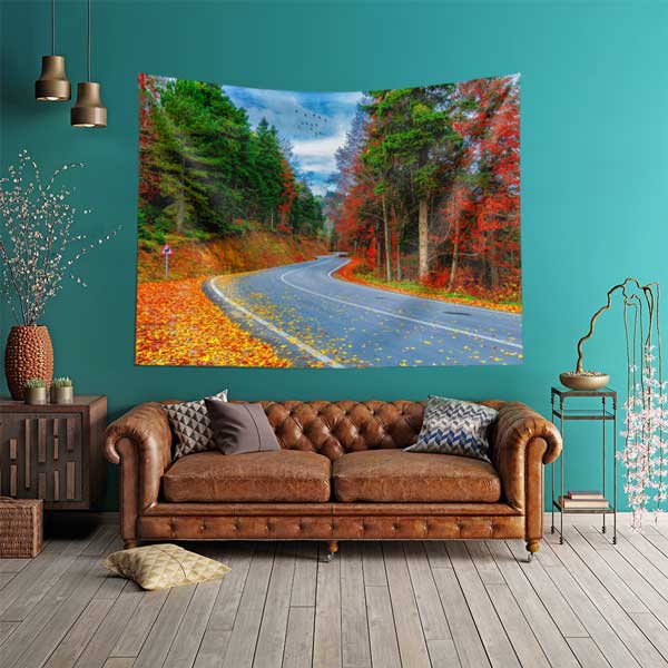 Sonbahar Orman Yolu ve Kızıl Yapraklar Duvar Örtüsü Kumaş Baskı 11731