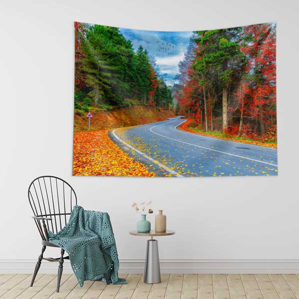 Sonbahar Orman Yolu ve Kızıl Yapraklar Duvar Örtüsü Kumaş Baskı 11731