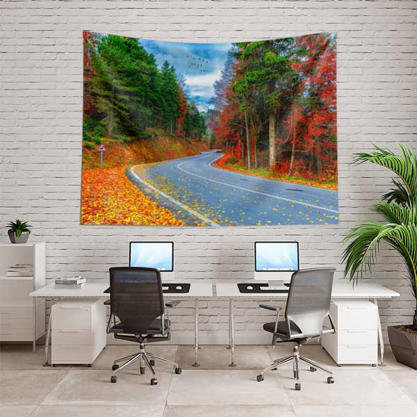 Sonbahar Orman Yolu ve Kızıl Yapraklar Duvar Örtüsü Kumaş Baskı 11731