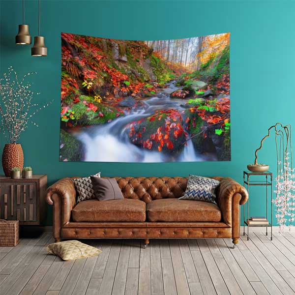 Sonbahar Orman Deresi ve Akan Su Manzarası Duvar Örtüsü Kumaş Baskı 11733