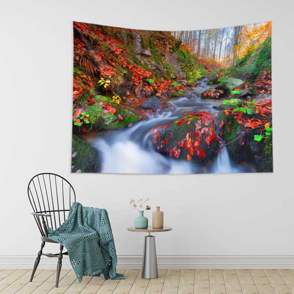 Sonbahar Orman Deresi ve Akan Su Manzarası Duvar Örtüsü Kumaş Baskı 11733