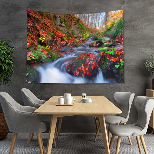 Sonbahar Orman Deresi ve Akan Su Manzarası Duvar Örtüsü Kumaş Baskı 11733