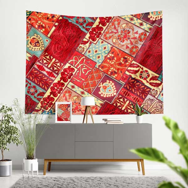 Patchwork Kilim ve Geleneksel Motifli Duvar Örtüsü Kumaş Baskı 11777