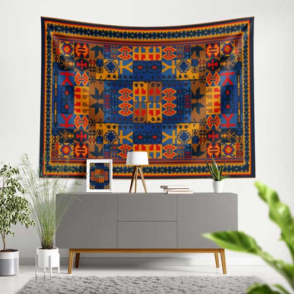 Anadolu Kilim Motifli Simetrik Desen Duvar Örtüsü Kumaş Baskı 11779
