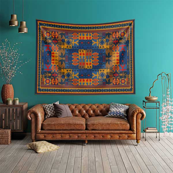 Anadolu Kilim Motifli Simetrik Desen Duvar Örtüsü Kumaş Baskı 11779