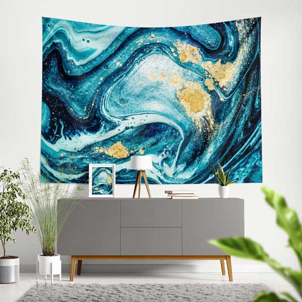 Ebru Esintili Turkuaz Altın Dokulu Duvar Örtüsü Kumaş Baskı 11786