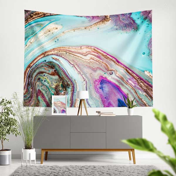 Ebru Esintili Turkuaz Mor Altın Dokulu Duvar Örtüsü Kumaş Baskı 11787