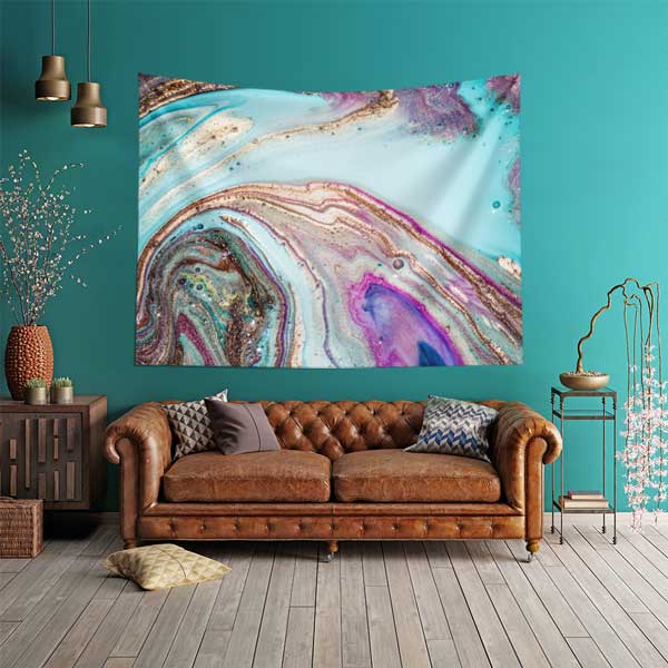 Ebru Esintili Turkuaz Mor Altın Dokulu Duvar Örtüsü Kumaş Baskı 11787